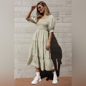 bohme Sage Green Tiered Midi Dress with Smocked Bodice